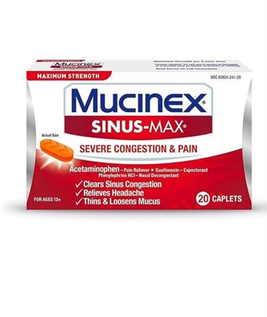 BB 2/2026 Mucinex Sinus-Max Congestion and Pain Caplet, 20 Count