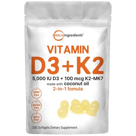 300 Softgels - Vitamin D3 5000 iu Plus K2 (MK-7) 100 mcg, 300 Virgin Coconut Oil