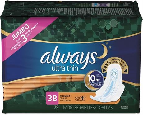 Always Ultra Thin Size 4 Overnight Pads With Wings, Unscented, 38 Coun