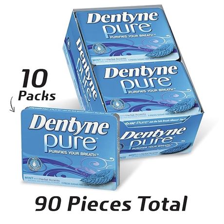 Dentyne Pure Mint Herbal Accents Sugar Free Gum10 Packs of 9 Pieces(90 pieces)