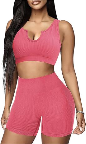 Size-M, Seamless Workout Sets for Women 2 Piece Yoga Outfits Ribbed High Waist