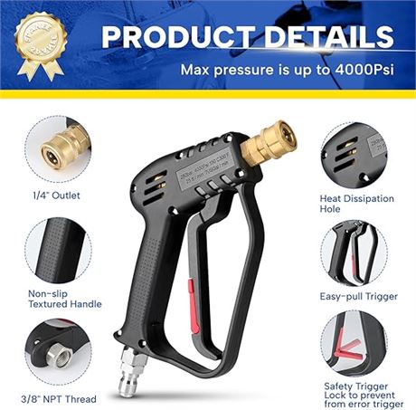 Short Pressure Washer Gun with Swivel, 4000 PSI High Power Washer...