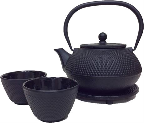 Cuisiland Smail Hobnail Cast Iron 27oz Teapot Set with 2 Cups(Black)