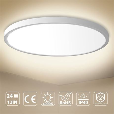 12 Inch LED Flush Mount Ceiling Light, 24W, 2520LM, 3000K/5000K/6000K CCT Select
