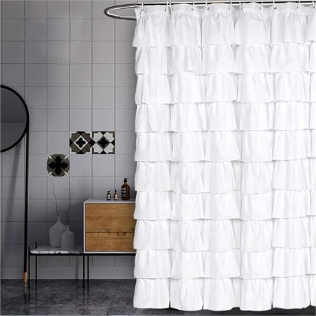 Volens White Shower Curtain Fabric/Ruffle for Bathroom,70in Long