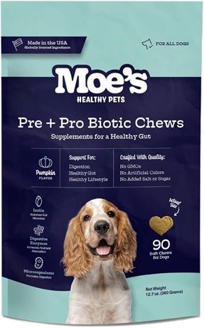 Moe's Healthy Pets Probiotic Dog Chews. Healthy Gut and Digestive Support with Probiotics, Pumpkin, Ginger and Prebiotic Fiber