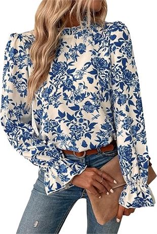 S, Women's Floral Print Long Sleeve Ruffle High Neck Blouse Shirt Top
