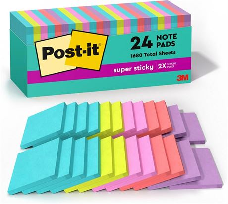 Post-it Super Sticky Notes, 3" x 3", Miami Collection, 24 Pads per Pack,