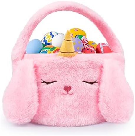 Leokawin Easter Basket for Kids, Cute Pink Bunny Easter Basket, Easter Egg Hunti