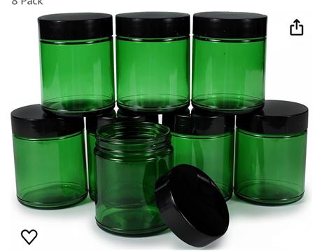 Vivaplex, Green, 8 ounce, Round Glass Jars, with Black Lids - 7 Pack