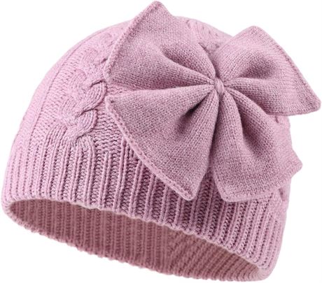 S, Winter Warm Knitted Baby Hat for Girls Cotton Lined Infant Toddler Girls Hat Autumn Cute Bow Classic Girls Beanie 