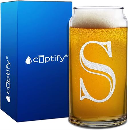 20 oz- Monogram Initial Letter S Etched Etched Personalized Beer Can Glass Custo