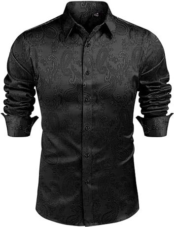 5XL, J.VER Men's Silk Satin Long Sleeve Dress Shirts Shiny Casual Button Down
