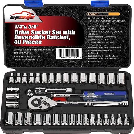 EPAuto 1/4-Inch & 3/8-Inch Drive Socket Set with 72 Teeth Reversible Ratchet, 40 Pieces