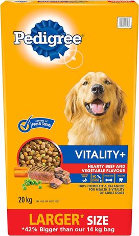 20kg - PEDIGREE VITALITY+ Adult Dry Dog Food, Hearty Beef and Vegetable Flavour