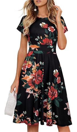 SIZE:XL, HOMEYEE Women's Short Sleeve Floral Casual Aline Midi Dress