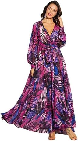 XL, ROVLET Women's Floral Maxi Dresses Boho Chiffon Long Sleeve Sexy V Neck Dres