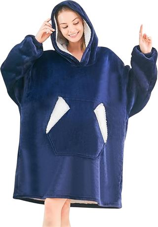 Ramees Wearable Blanket Hoodie, Oversized Sherpa Fleece Sweatshirt Blanket with Sleeves and Pockets, Navy Blue, 50''x70''