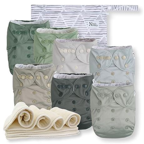 Nora's Nursery Cloth Diapers 7 Pack with 7 Inserts & 1 Wet Bag
