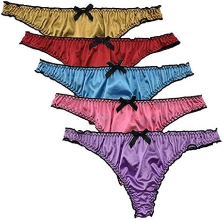 S, 5 Pack Women's Satin G-string Panties Ruffle Frilly Thongs Underwear