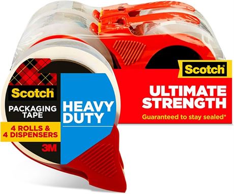 Scotch Heavy Duty Shipping Packing Tape, Clear, Shipping and Packaging Supplies, 1.88 in. x 54.6 yd., 4 Tape Rolls with 4 Dispensers