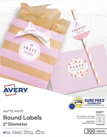 Avery Printable Round Labels with Sure Feed, 2" Diameter, Matte White, 300 Customizable Labels (22877)