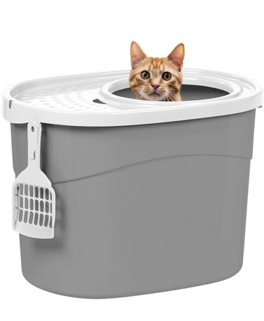 IRIS USA Oval Top Entry Cat Litter Box with Scoop, Kitty Litter Tray with Litter