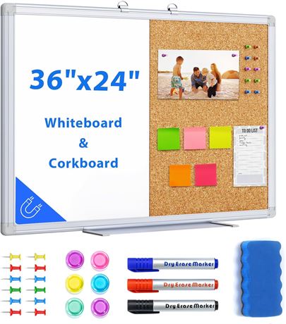 36x24inch Combination White Board & Bulletin Cork Board Whiteboard Magnetic, Com