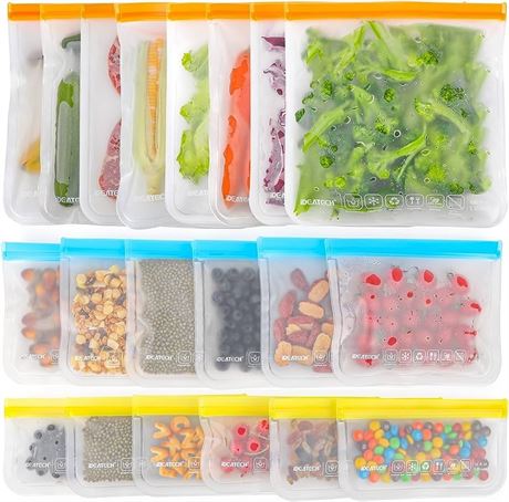 IDEATECH Reusable Food Storage Bags Washable, 20Pack Reusable Freezer Bags, BPA Free Reusable Ziplock Various Size, Plastic Free Bags for Veggie Salad Travel Kitchen (8 Gallon 6 Sandwich 6 Snack Bags)