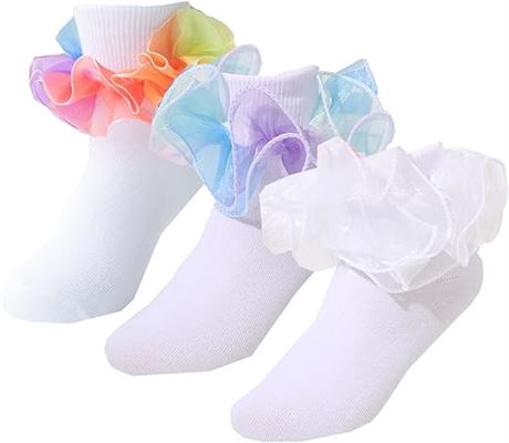 S, BAIYIXIN 3 Pack Little Girls Cotton Lace Ruffle Princess Style Dress Socks