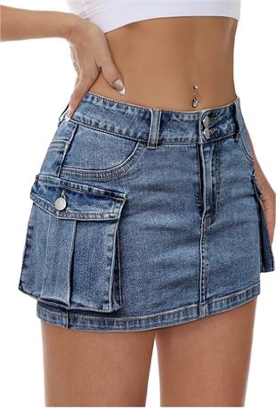 Women Denim Cargo Skirt Mini Low Waist Button Bodycon Y2K Flap Pockets Skirt - S