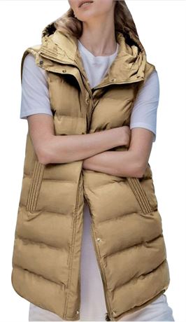 SIZE:S, Women's Long Puffer Vest Winter Quilted Hooded Sleeveless Zip Up Long Ja
