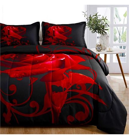 WONGS BEDDING Red Comforter Set Queen Reversible Red Rose Pattern Printed Beddin