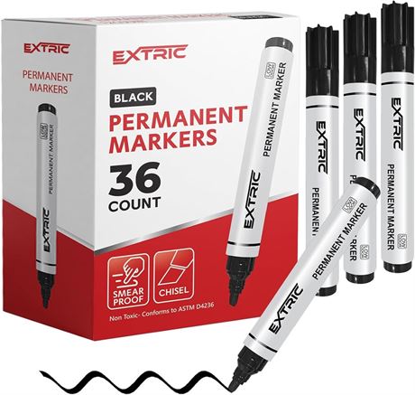 EXTRIC Black Permanent Markers, Chisel Tip, 36 Count Bulk