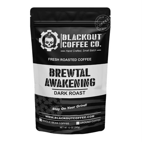 Black out coffee Brewtal Awakening dark roast and low voltage decaf brew medium