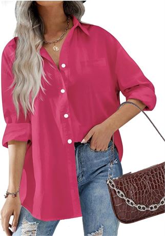 SIZE:S, Women Button Down Shirts Office Drop Shoulder Oversized Blouse Long Slee