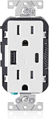 Leviton T5633-W 15-Amp Type A & Type-C USB Charger/Tamper Resistant Outlet