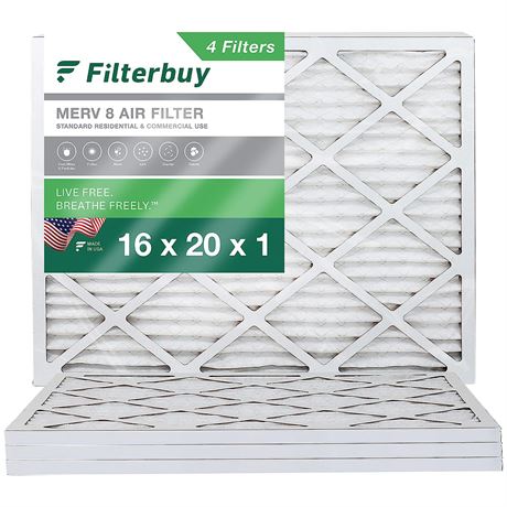 Filterbuy 16x20x1 Air Filter MERV 8 Dust Defense (4-Pack)