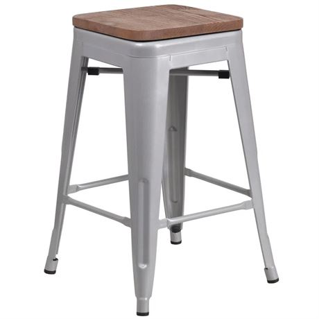 Gladus 24" High Backless Counter Height Stool - Square Wood Seat - Lot of 2 pcs