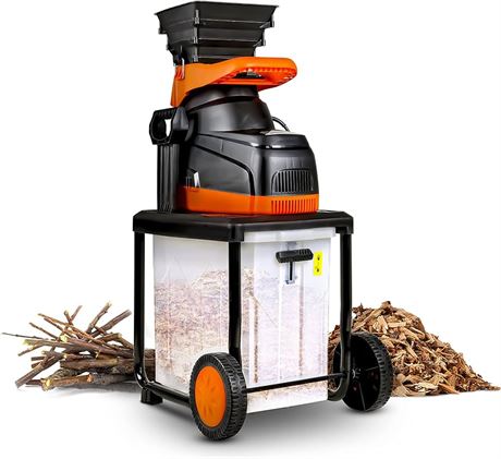 SuperHandy Wood Chipper Silent Ultra Quiet Electric 14.5-Amp 1800Watt 120VAC 1.5-1.7 Inch Max Capacity 17:1 Reduction 40L Collection Bin for Fire Prevention and Firebreaks