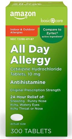 Amazon Basic Care 24 Hour Allergy Relief, Cetirizine Hydrochloride Tablets, 10 m