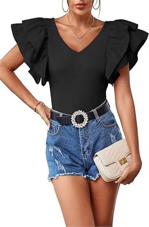 S, Vrtige Women's V Neck Ruffle Cap Sleeve Summer Blouse Top Shirt
