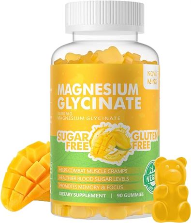 90 CT Magnesium Glycinate Gummies 1000mg - Sugar Free Magnesium Potassium Supple