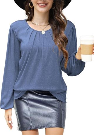 SMALL - Women's Long Sleeve Tunic Top Crew Neck Front Pleated Blouse