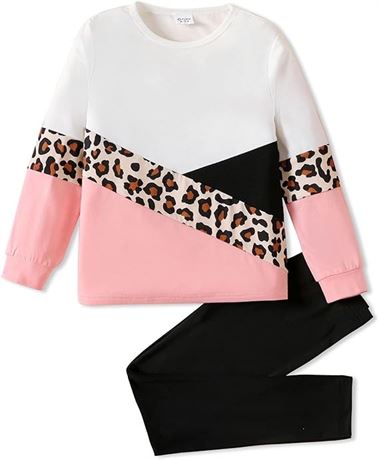 11-12Y, PATPAT Girls 2 Piece Outfits Leopard Color Block Tee Crew Neck Top Black