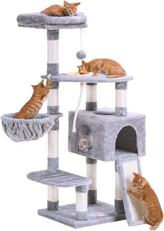 Heybly Cat Tree Cat Tower for Indoor Cats Multi-Level Cat Furniture Condo with Feeding Bowl and Scratching Board Light Gray HCT010W