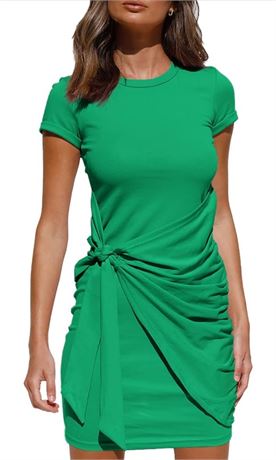 Size XL, LILLUSORY Women's Casual Short Sleeve Wrap Bodycon Ruched Tie Waist