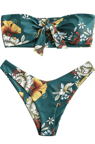 M - Women's Floral Print Bandeau Bikini Set High Cut Strapless Knot Swimsuit