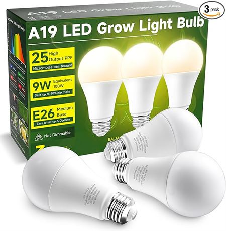 Grow Light Bulbs, A19 Grow Light Bulb, Full Spectrum Light Bulb,  PACK OF 3