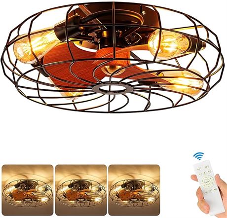 20'' Low Profile Caged Ceiling Fan with Light, Include 5 Bulbs, Industrial Enclo